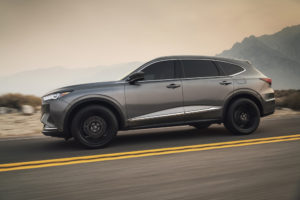 2022 MDX SH-AWD Advance Liquid Carbon Metallic Driver Profile Exterior running highway Accessory Gloss Black Wheels