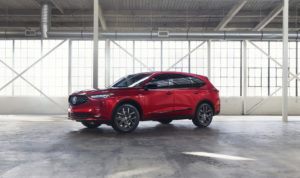 2022 MDX SH-AWD Advance Liquid Carbon Metallic high 3/4 Driver front Exterior static warehouse Accessory Gloss Black Wheels roof open