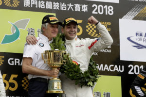 Macau (CHN) 18th November 2018. BMW M Motorsport, FIA-GT World Cup, Podium, #42 BMW Team Schnitzer (GER) BMW M6 GT3, Augusto Farfus (BRA) and Charly Lamm (GER) Team principal BMW Team Schnitzer.