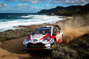 Elfyn Evans (GB) and Scott Martin (GB) of team Toyota Yaris WRC Toyota Gazoo Racing WRT perform on day 4 during the World Rally Championship Italy in Alghero, Italy