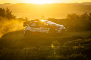 Elfyn Evans (GB) and Scott Martin (GB) of team Toyota Yaris WRC Toyota Gazoo Racing WRT perform on day 3 in special stage Monte Lerno during the World Rally Championship Italy in Alghero, Italy