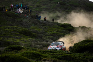 Sebastien Ogier (FRA) and Julien Ingrassia (FRA) of team Toyota Yaris WRC Toyota Gazoo Racing WRT perform on day 3 in special stage Monte Lerno during the World Rally Championship Italy in Alghero, Italy