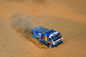 Dmitry Sotnikov, Ruslan Akhmadeev and Ilgiz Akhmetzianov in the Kamaz of the KAMAZ Master Team races during the 2nd stage of the Dakar 2021 between Bisha and Wadi Al Dawasir, in Saudi Arabia on January 4, 2021. // Eric Vargiolu / DPPI / Red Bull Content Pool // SI202101040134 // Usage for editorial use only //
