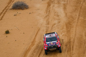 Nasser Al-Attiyah and Matthieu Baumel in the Toyota Hilux of the Toyota Gazoo Racing races during the 7th stage of the Dakar 2021 between Haâil and Sakaka, in Saudi Arabia on January 10, 2021. // Eric Vargiolu / DPPI / Red Bull Content Pool // SI202101100064 // Usage for editorial use only //