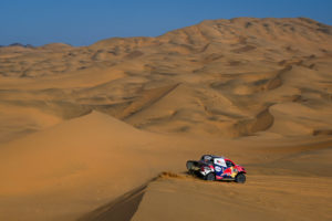 Nasser Al-Attiyah and Matthieu Baumel in the Toyota Hilux of the Toyota Gazoo Racing races during the 2nd stage of the Dakar 2021 between Bisha and Wadi Al Dawasir, in Saudi Arabia on January 4, 2021. // Eric Vargiolu / DPPI / Red Bull Content Pool // SI202101040141 // Usage for editorial use only //