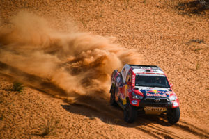 Nasser Al-Attiyah and Matthieu Baumel in the Toyota Hilux of the Toyota Gazoo Racing races during the 6th stage of the Dakar 2021 between Buraydah and Haâil, in Saudi Arabia on January 8, 2021. // Julien Delfosse / DPPI / Red Bull Content Pool  // SI202101080240 // Usage for editorial use only //