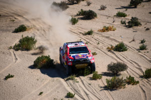 Nasser Al-Attiyah and Matthieu Baumel in the Toyota Hilux of the Toyota Gazoo Racing are navigating in the desert during the 1st stage of the Dakar 2021 between Jeddah and Bisha, in Saudi Arabia on January 3, 2021. // Eric Vargiolu / DPPI / Red Bull Content Pool // SI202101030100 // Usage for editorial use only //