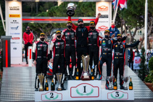Sebastien Ogier (FRA) and Julien Ingrassia (FRA) of team Toyota Gazoo Racing celebrate on the podium after winning World Rally Championship together with Jari-Matti Latvala, Elfyn Evans (GB) and Scott Martin (GB) of team Toyota Gazoo Racing in second place and Thierry Neuville (BEL) and Martijn Wydaeghe (BEL) of team Hyundai Shell Mobis in third place in Monte-Carlo, Monaco on January 24, 2021 // Jaanus Ree/Red Bull Content Pool // SI202101240095 // Usage for editorial use only //