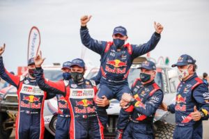 Peterhansel Stéphane (fra), Mini, X-Raid Mini JCW Team, Auto, portrait celebrating his win of the dakar, Al-Attiyah Nasser (qat), Toyota, Toyota Gazoo Racing, Auto, Sainz Carlos (esp), Mini, X-Raid Mini JCW Team, Auto, portrait during the 12th stage of the Dakar 2021 between Yanbu and Jeddah, in Saudi Arabia on January 15, 2021 - Photo Antonin Vincent / DPPI