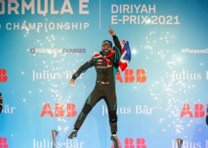 Sam Bird (GBR) Panasonic Jaguar Racing, 1st position, leaps in the air in clebration on the podium