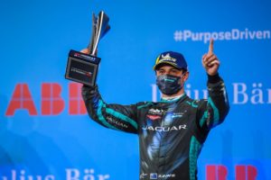 Mitch Evans (NZL) Panasonic Jaguar Racing, 3rd position, on the podium