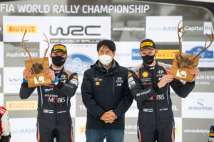 Ott Tanak (EST) and Martin Jarveoja (EST) of team Hyundai Shell Mobis WRT celebrate on the podium in first place after winning the World Rally Championship in Rovaniemi, Finland on February 28, 2021 // Jaanus Ree/Red Bull Content Pool // SI202102280062 // Usage for editorial use only //