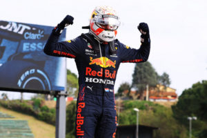 IMOLA, ITALY - APRIL 18: Race winner Max Verstappen of Netherlands and Red Bull Racing celebrates in parc ferme during the F1 Grand Prix of Emilia Romagna at Autodromo Enzo e Dino Ferrari on April 18, 2021 in Imola, Italy. (Photo by Bryn Lennon/Getty Images) // Getty Images / Red Bull Content Pool  // SI202104180364 // Usage for editorial use only //