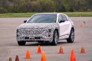 Testing of the 2023 Cadillac LYRIQ at Milford Proving Ground in Milford, Michigan is running ahead of schedule, with initial vehicle availability starting the first half of 2022. At launch, LYRIQ will be available with premier technologies and stirring performance capabilities enabled by the vehicle’s dedicated electric architecture. A 12-module, 100 kilowatt-hour battery pack and a rear-wheel-drive Ultium Platform will deliver a Cadillac-estimated 340 horsepower and 440 Nm of torque — and a Cadillac-estimated over 300 miles of range with a full charge. (Photo by John F. Martin for General Motors)