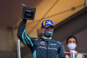 CIRCUIT DE MONACO, MONACO - MAY 08: Mitch Evans (NZL), Jaguar Racing, 3rd position, with his trophy on the podium during the Monaco E-Prix at Circuit de Monaco on Saturday May 08, 2021 in Monte Carlo, Monaco. (Photo by Simon Galloway / LAT Images)
