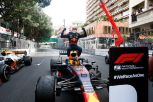 MONTE-CARLO, MONACO - MAY 23: Race winner Max Verstappen of Netherlands and Red Bull Racing celebrates in parc ferme during the F1 Grand Prix of Monaco at Circuit de Monaco on May 23, 2021 in Monte-Carlo, Monaco. (Photo by Sebastian Nogier - Pool/Getty Images) *** BESTPIX *** // Getty Images / Red Bull Content Pool // SI202105230464 // Usage for editorial use only //