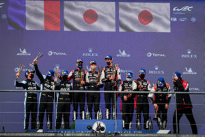 TOYOTA GAZOO Racing. World Endurance Championship. 6 Hours of Spa. 29th April to 1st May 2021 Spa Francorchamps Circuit, Spa, Belgium Brendon Hartley (NZL) Sebastien Buemi (SUI) and Kazuki Nakajima (JPN) celebrate their win.