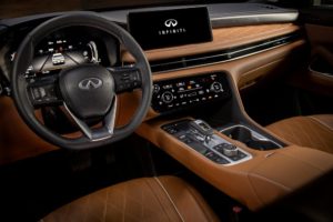 The all-new 2022 INFINITI QX60's spacious interior cabin is highly functional and intuitive. Inside, the new technologies begin with a new high-definition INFINITI InTouch™ 12.3-inch Interactive Display with touchscreen controls for infotainment that is standard on all grades of the new QX60. In addition to INFINITI’s intuitive native InTouch Infotainment software, the system provides standard wireless Apple CarPlay compatibility and USB-based Android Auto compatibility. AUTOGRAPH grade shown. Not yet available for purchase. Expected availability, late 2021. Pre-production model shown. Actual production model may vary.