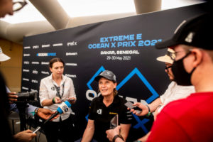LAC ROSE, SENEGAL - MAY 29: Jutta Kleinschmidt (GER), ABT CUPRA XE, talks to the media during the Ocean X-Prix at Lac Rose on May 29, 2021 in Lac Rose, Senegal. (Photo by Sam Bloxham / LAT Images)