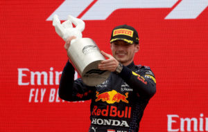 LE CASTELLET, FRANCE - JUNE 20: Race winner Max Verstappen of Netherlands and Red Bull Racing celebrates on the podium during the F1 Grand Prix of France at Circuit Paul Ricard on June 20, 2021 in Le Castellet, France. (Photo by Clive Rose/Getty Images) // Getty Images / Red Bull Content Pool // SI202106200507 // Usage for editorial use only //
