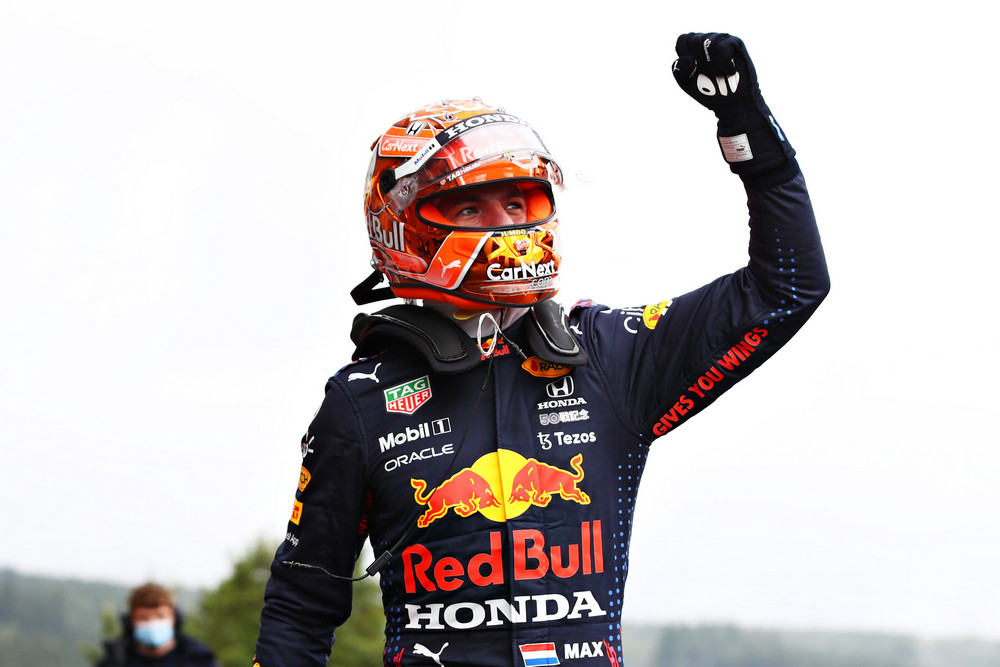 SPA, BELGIUM - AUGUST 28: Pole position qualifier Max Verstappen of Netherlands and Red Bull Racing celebrates in parc ferme during qualifying ahead of the F1 Grand Prix of Belgium at Circuit de Spa-Francorchamps on August 28, 2021 in Spa, Belgium. (Photo by Mark Thompson/Getty Images) // Getty Images / Red Bull Content Pool // SI202108280545 // Usage for editorial use only //