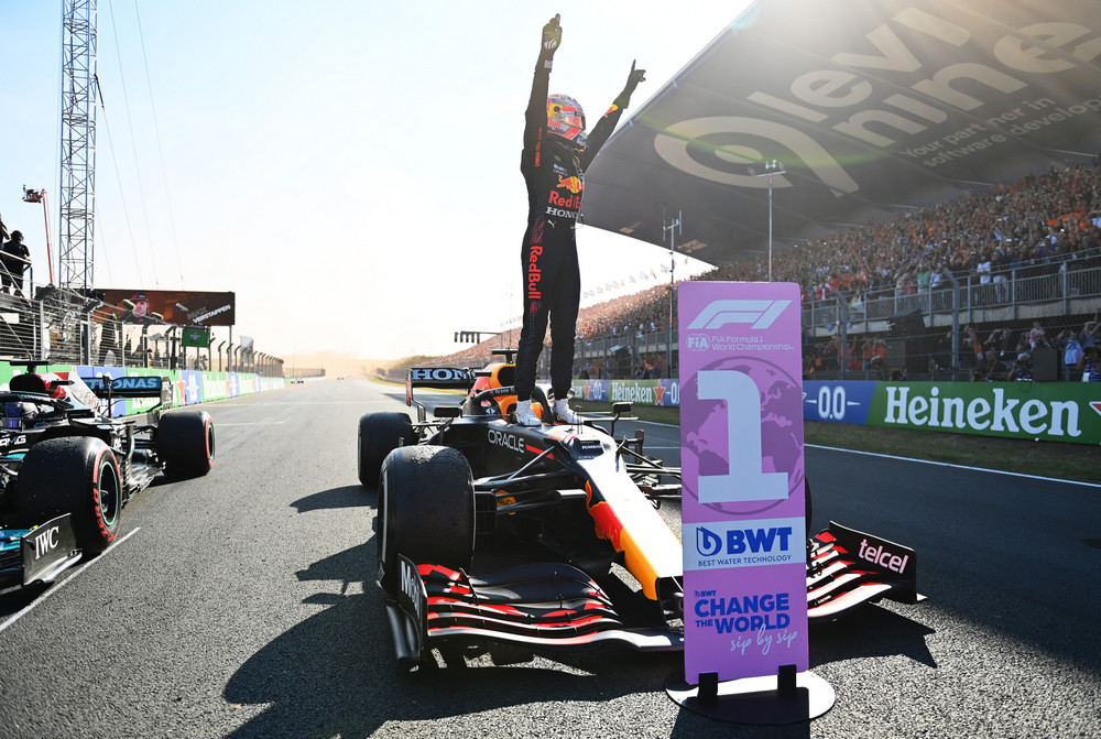 ZANDVOORT, NETHERLANDS - SEPTEMBER 05: Race winner Max Verstappen of Netherlands and Red Bull Racing celebrates in parc ferme during the F1 Grand Prix of The Netherlands at Circuit Zandvoort on September 05, 2021 in Zandvoort, Netherlands. (Photo by Dan Mullan/Getty Images) // SI202109051382 // Usage for editorial use only //