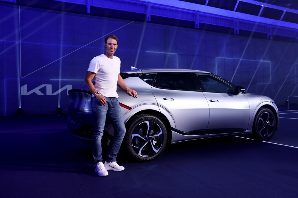 MALLORCA, SPAIN - OCTOBER 21: <> Kia today announced their commitment to a more sustainable movement at the Rafael Nadal Academy with the EV6 Court, supported by their long-standing Global ambassador, Rafael Nadal at Rafa Nadal Academy by Movistar on October 21, 2021 in Mallorca, Spain. (Photo by Clive Brunskill/Getty Images for Kia)