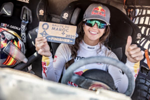 Cristina Gutierrez at the finish line of Rally Morocco in Zaghura, Morocco on 13th October, 2021 // SI202110130410 // Usage for editorial use only //