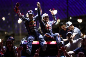 Cristina Gutierrez and François Cazalet of Red Bull Off Road Junior Team during the podium ceremony of the 2021 Abu Dhabi Desert Challenge in Abu Dhabi, United Arab Emirates on 11th November , 2021 // SI202111110558 // Usage for editorial use only //