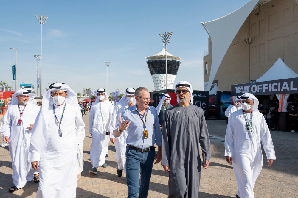 *** GENERAL CAPTION *** YAS ISLAND, ABU DHABI, UNITED ARAB EMIRATES - December 09, 2021: HH Sheikh Khaled bin Mohamed bin Zayed Al Nahyan, Member of Abu Dhabi Executive Council and Chairman of Abu Dhabi Executive Office (), attends 2021 Formula 1 Etihad Airways Abu Dhabi Grand Prix, at Yas Marina Circuit. ( Abdullah Al Neyadi for the Ministry of Presidential Affairs ) ---