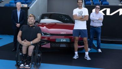 Australian Open Tournament Director Craig Tiley, Dylan Alcott, Rafael Nadal, and Kia Australia Chief Operating Officer Damien Meredith. Kia fleet handover with Rafael Nadal and Dylan Alcott on Kia Arena at Melbourne Park in Melbourne on Thursday, January 13, 2022. MANDATORY PHOTO CREDIT Fiona Hamilton/TENNIS AUSTRALIA