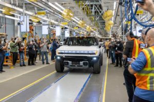 The first 2022 GMC HUMMER EV Pickup Edition 1 exits Factory ZERO in Detroit and Hamtramck, Michigan. VIN 001 was auctioned in March 2021 at the Barrett-Jackson Scottsdale auction for $2.5 million to benefit the Tunnel to Towers Foundation. (Photo by Jeffrey Sauger for General Motors)