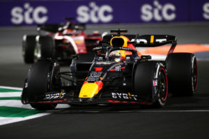 JEDDAH, SAUDI ARABIA - MARCH 27: Max Verstappen of the Netherlands driving the (1) Oracle Red Bull Racing RB18 leads Charles Leclerc of Monaco driving (16) the Ferrari F1-75 during the F1 Grand Prix of Saudi Arabia at the Jeddah Corniche Circuit on March 27, 2022 in Jeddah, Saudi Arabia. (Photo by Peter Fox/Getty Images) // Getty Images / Red Bull Content Pool // SI202203270557 // Usage for editorial use only //