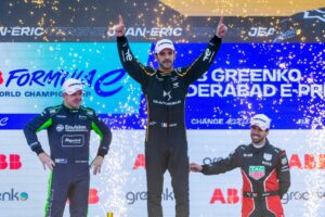 Jean-Eric Vergne, DS Penske , 1st position, Nick Cassidy, Envision Racing , 2nd position, Antonio Felix da Costa, TAG Heuer Porsche Formula E Team , 3rd position,