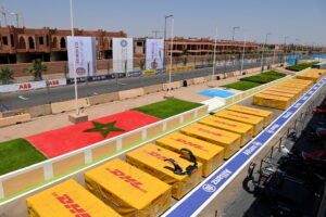 CIRCUIT INTERNATIONAL AUTOMOBILE MOULAY EL HASSAN MARRAKESH, MOROCCO - JUNE 30: DHL frieght in pit lane during the Marrakesh E-Prix at Circuit International Automobile Moulay El Hassan Marrakesh on Thursday June 30, 2022 in Marrakesh, Morocco. (Photo by Sam Bagnall / LAT Images)