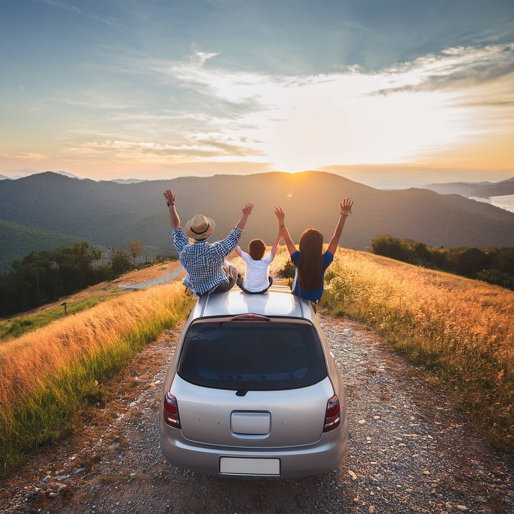 1 family in car enjoying the view mountain and sunset sky; travel; freedom concept; vintage filter 03-04-2025 at 15-20-15
