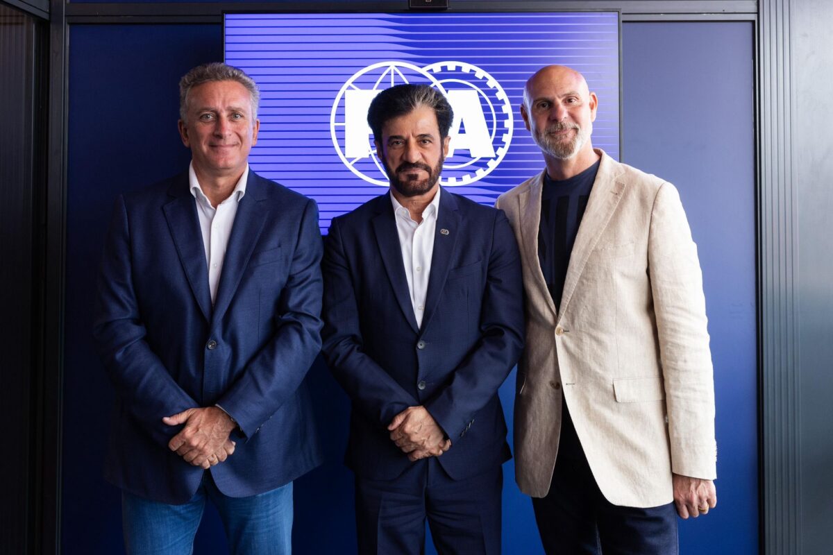 FIA President Mohammed Ben Sulayem with Alejandro Agag, Formula E Founder and chairman (left) and Jeff Dodds, Formula E CEO (right)