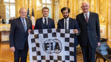 FIA President Ben Sulayem presented President Macron with with an FIA flag he had signed