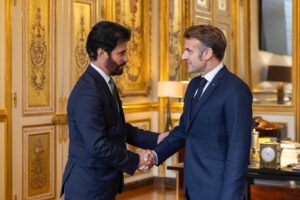 FIA President Mohammed Ben Sulayem and French President Emmanuel Macron during their meeting at the Élysée Palace