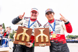 Takamoto Katsuta (JPN) Aaron Johnston (IRL) Of team TOYOTA GAZOO RACING WRT celebrate on the podium in first place after winning the World Rally Championship in Rijeka , Croatia on 12.4.2026 // Jaanus Ree / Red Bull Content Pool // SI202604120316 // Usage for editorial use only //