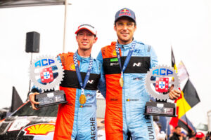 Thierry Neuville (BEL), Martijn Wydaeghe of team HYUNDAI SHELL MOBIS WORLD RALLY TEAM celebrate on the podium in first place after winning the World Rally Championship in Porto, Portugal on 10.05.2026 // Jaanus Ree / Red Bull Content Pool // SI202605101248 // Usage for editorial use only //