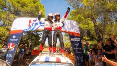 Sébastien Ogier (FRA) and Vincent Landais (FRA) of team TOYOTA GAZOO RACING WRT celebrate on the podium in first place after winning the WRC Rally1 category at EKO Acropolis Rally Greece in Loutraki, Greece on June 28, 2026. // Jaanus Ree / Red Bull Content Pool // SI202606280407 // Usage for editorial use only //