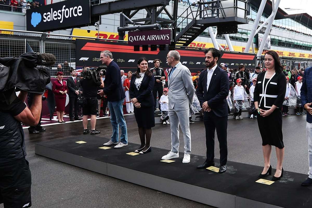 BEN SULAYEM Mohammed (uae), President of the FIA, portrait, DOMENICALI Stefano (ita), Chairman and CEO Formula One Group FOG, portrait during the national anthem during the Formula 1 Qatar Airways British Grand Prix 2025, 12th round of the 2025 FIA Formula One World Championship from July 4 to 6, 2025 on the Silverstone Circuit, in Silverstone, United Kingdom - Photo Eric Alonso / DPPI