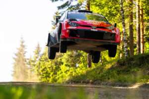 Sami Pajari (FIN) and Marko Salminen (FIN) of team TOYOTA GAZOO RACING WRT2 seen during Stop 10 of the World Rally Championship in Jyvasküla, Finland on August 1, 2026. // Jaanus Ree / Red Bull Content Pool // SI202608010183 // Usage for editorial use only //