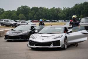 Corvette ZR1X (black) and ZR1 (silver) line up for the drag race at Milford Proving Ground.
