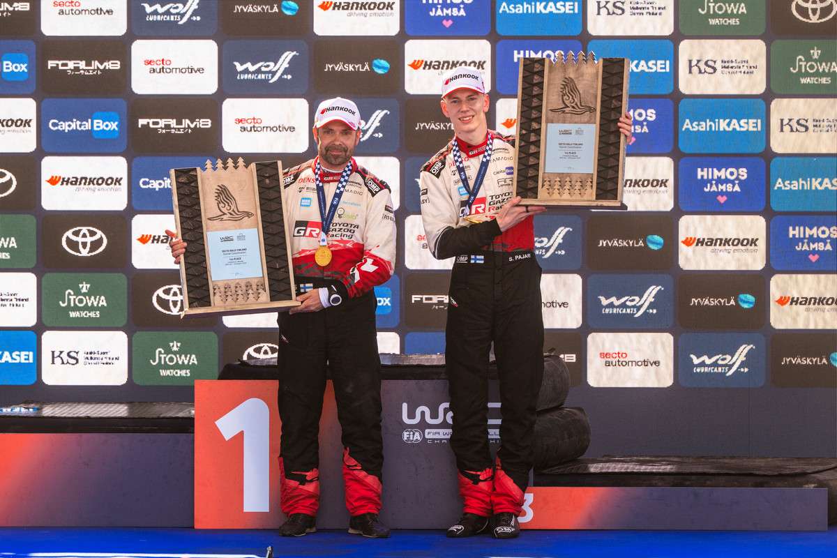 Sami Pajari (FIN), Marko Salminen (FIN) Of team TOYOTA GAZOO RACING WRT2 celebrate on the podium in first place after winning the WRC Rally1 category at Secto Rally Finland in Jyväskylä, Finland on 02.08.2026. // Jaanus Ree / Red Bull Content Pool // SI202608020181 // Usage for editorial use only //