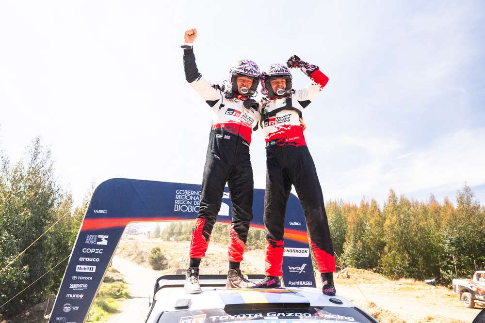 Oliver Solberg (SWE), Elliott Edmondson (GBR) Of team TOYOTA GAZOO RACING WRT celebrate on the podium in first place after winning the WRC Rally1 category at Rally Chile Biobío in Concepción, Chile on 13.09.2026. // Jaanus Ree / Red Bull Content Pool // SI202609131216 // Usage for editorial use only //
