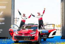Elfyn Evans (GBR), Scott Martin (GBR) of team TOYOTA GAZOO RACING WRT celebrate becoming WRC champions 2026 during the World Rally Championship in Alghero, Italy on 04.10.2026. // Jaanus Ree / Red Bull Content Pool // SI202610040711 // Usage for editorial use only //