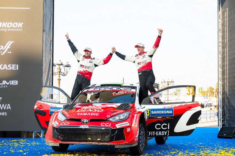 Elfyn Evans (GBR), Scott Martin (GBR) of team TOYOTA GAZOO RACING WRT celebrate becoming WRC champions 2026 during the World Rally Championship in Alghero, Italy on 04.10.2026. // Jaanus Ree / Red Bull Content Pool // SI202610040711 // Usage for editorial use only //