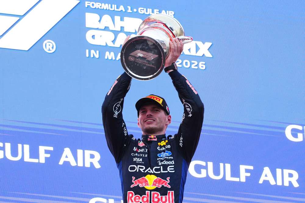KUALA LUMPUR, MALAYSIA - OCTOBER 04: Race winner Max Verstappen of the Netherlands and Oracle Red Bull Racing celebrates on the podium during the F1 Grand Prix of Bahrain in Malaysia at Sepang Circuit on October 04, 2026 in Kuala Lumpur, Malaysia. (Photo by Sona Maleterova/Getty Images) // Getty Images / Red Bull Content Pool // SI202610040321 // Usage for editorial use only //
